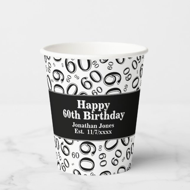 60th Birthday Black/White Random Number Pattern 60 Paper Cups (Front)