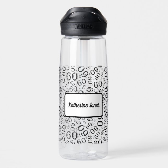 60th Birthday Black & White Random Number Pattern Water Bottle (Back)