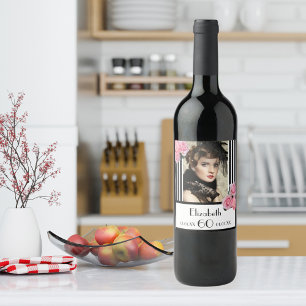 60th birthday black white stripes floral photo wine label
