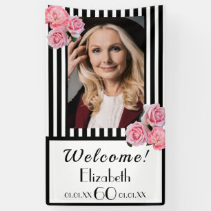 60th birthday black white stripes florals photo banner