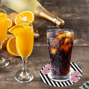 60th birthday black white stripes pink floral round paper coaster