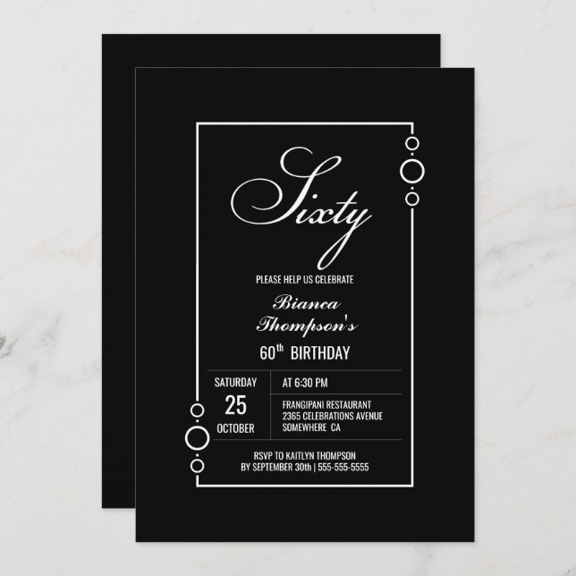 60th Birthday Black with White Frame Party Invitation (Front/Back)