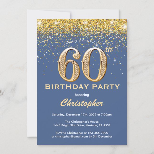 60th Birthday Blue and Gold Glitter Confetti Invitation (Front)