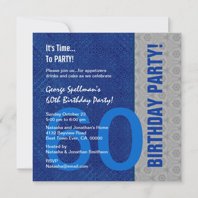 60th Birthday Blue and Silver Pattern Recycled Invitation (Front)