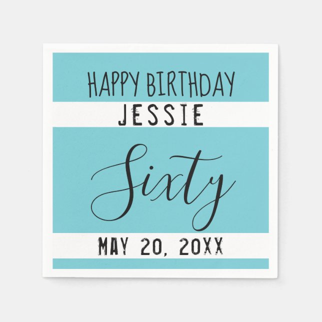 60th Birthday Blue Black White Paper Napkins (Front)