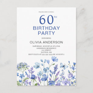 60th Birthday Blue Floral Invitation Postcard