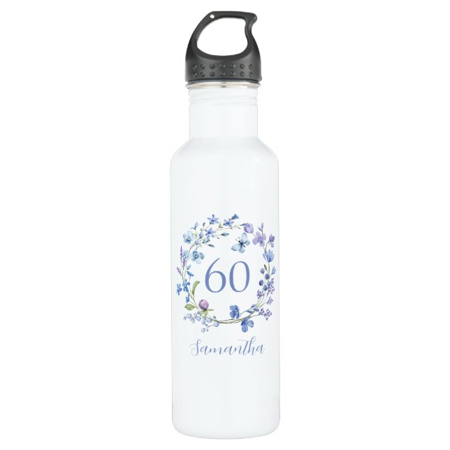 60th Birthday Blue Floral Name 710 Ml Water Bottle (Front)