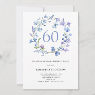 60th Birthday Blue Floral Watercolor Invitation