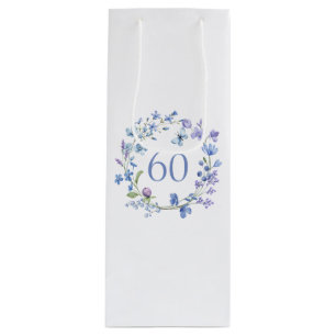 60th Birthday Blue Floral Watercolor  Wine Gift Bag