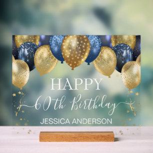 60th Birthday Blue Gold Balloons Clear Acrylic Sign