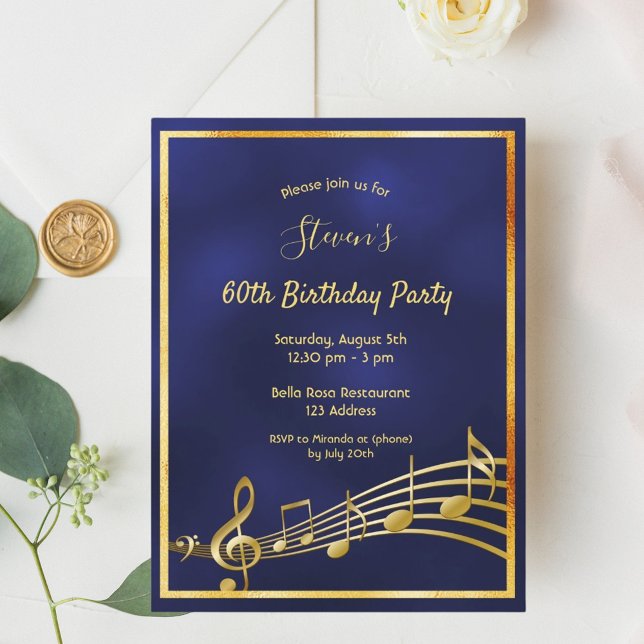 60th birthday blue gold music notes invitation postcard (Creator Uploaded)