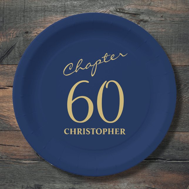 60th Birthday Blue Gold Paper Plate (Creator Uploaded)