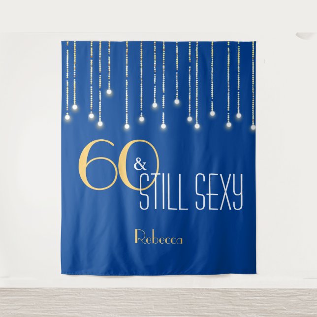 60th Birthday Blue Gold Photo Booth Backdrop Tapestry (Front)