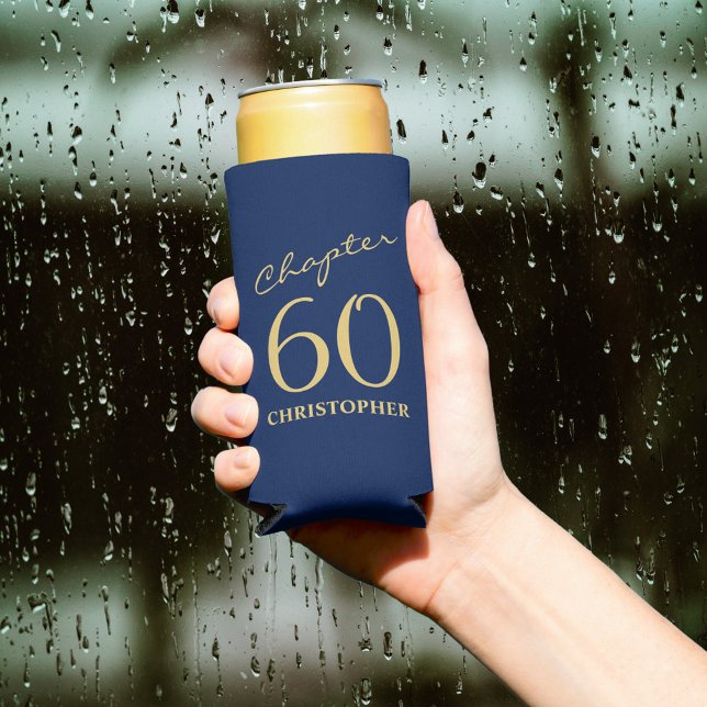 60th Birthday Blue Gold Seltzer Can Cooler (Creator Uploaded)
