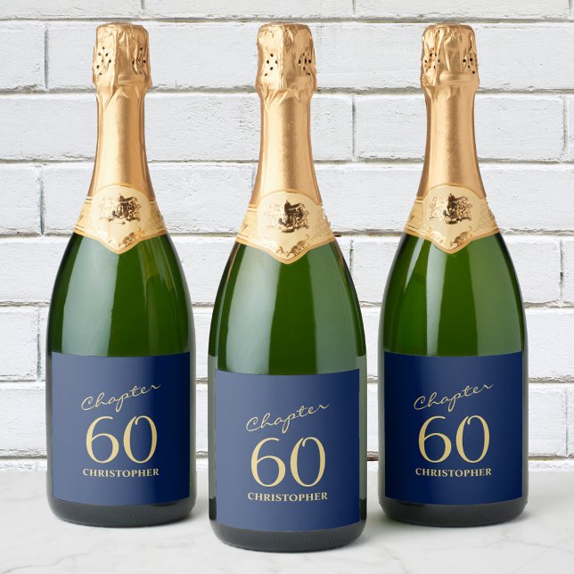60th Birthday Blue Gold Sparkling Wine Label (Creator Uploaded)