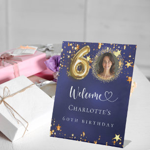 60th Birthday blue gold stars photo welcome Pedestal Sign
