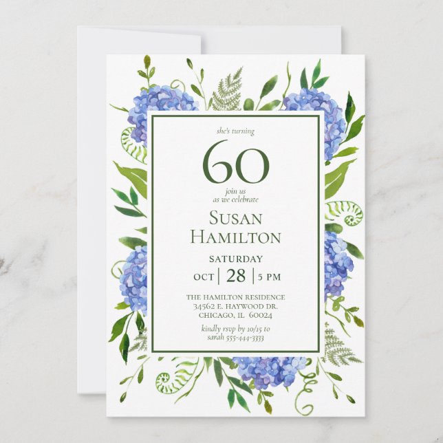 60th Birthday Blue Hydrangeas Invitation (Front)