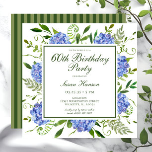 60th Birthday Blue Hydrangeas Script Invitation