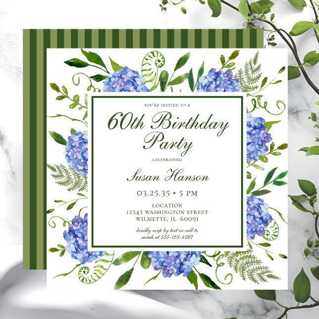 60th Birthday Blue Hydrangeas Script Invitation (Creator Uploaded)