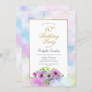 60th Birthday Blue Pink Floral Gold Pastel Border Invitation