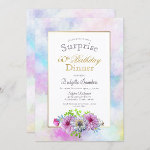 60th Birthday Blue Pink Floral Surprise Dinner Invitation
