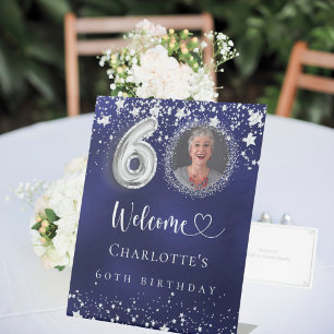 60th Birthday blue silver stars photo welcome Pedestal Sign