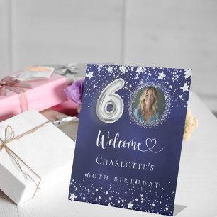60th Birthday blue silver stars photo welcome Pedestal Sign