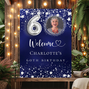 60th Birthday blue silver stars photo welcome Poster