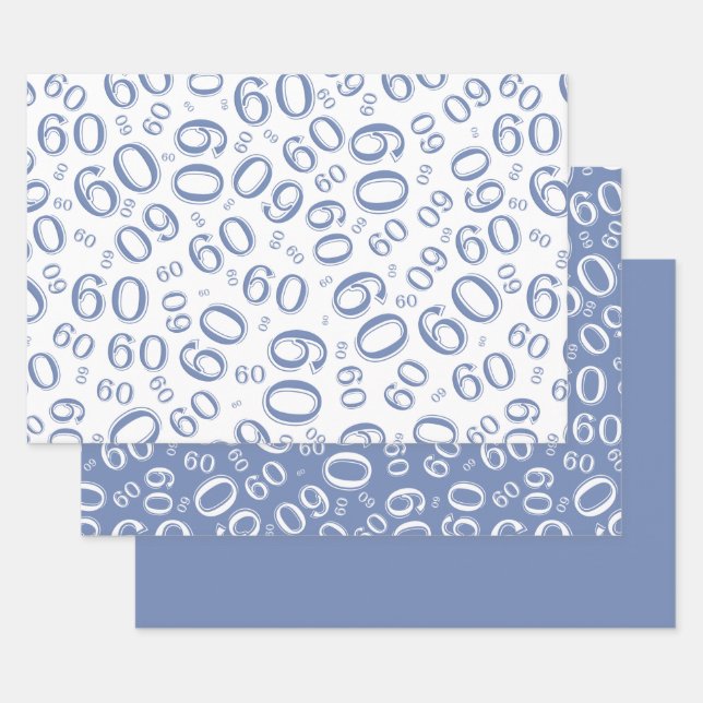 60th Birthday Blue & White Number Pattern 60 Wrapping Paper Sheet (Set)
