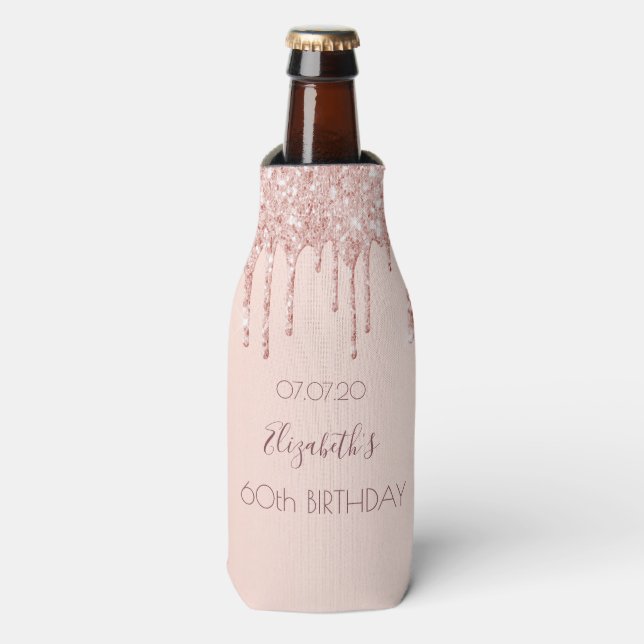 60th birthday blush rose gold glitter drips bottle cooler (Bottle Front)