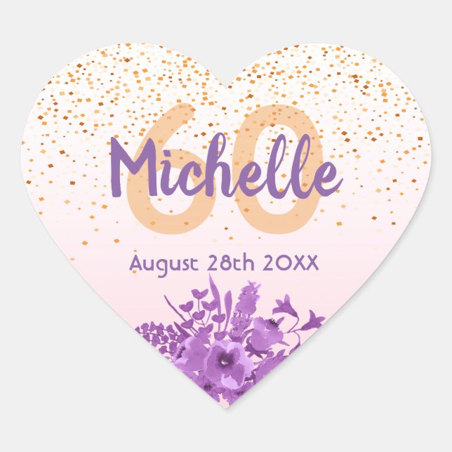 60th birthday blush rose gold purple floral heart sticker (Front)