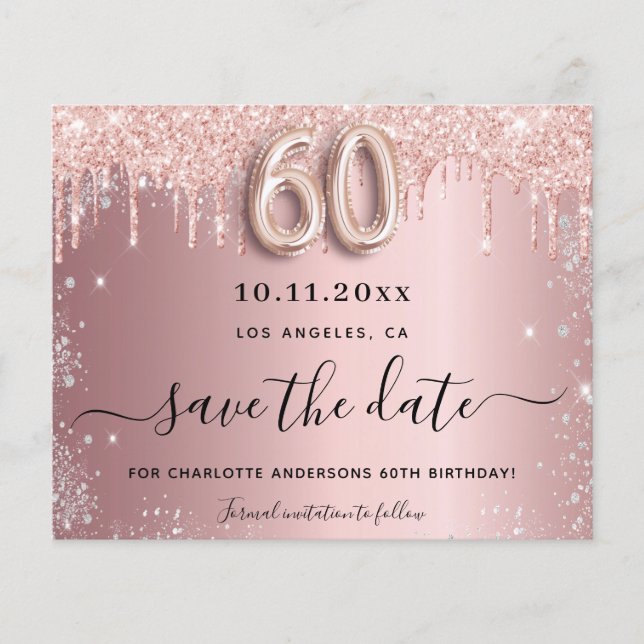 60th birthday blush silver budget save the date flyer (Front)