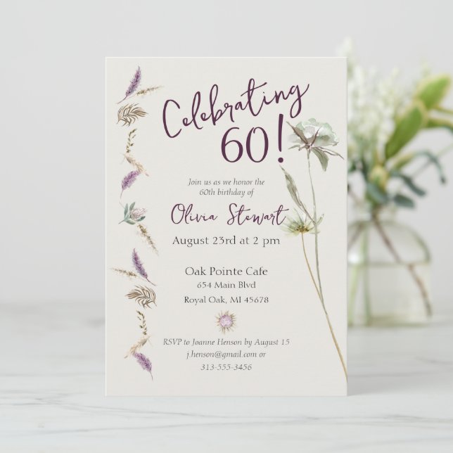 60th Birthday Boho Floral Watercolor Invitation (Standing Front)