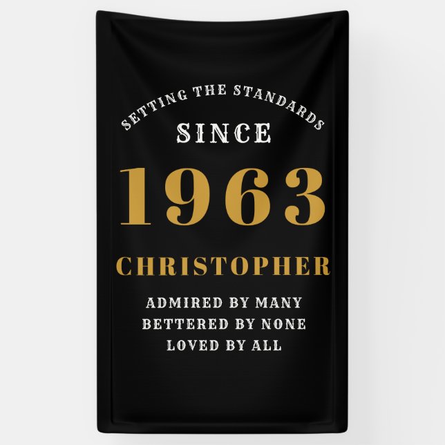 60th Birthday Born 1963 Add Name Black Gold Banner (Vertical)