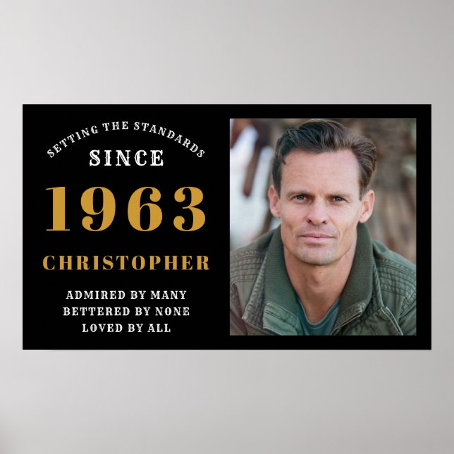60th Birthday Born 1963 Add Name Black Gold Photo Poster (Front)