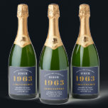 60th Birthday Born 1963 Add Name Blue Gold Sparkling Wine Label<br><div class="desc">Personalized Birthday add your name and year sparkling wine label. Edit the name and year with the template provided. A wonderful custom blue birthday party accessory. More gifts and party supplies available with the "setting standards" design in the store.</div>