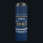 60th Birthday Born 1963 Legend Blue Gold Add Name Thermal Tumbler<br><div class="desc">Birthday "Original Quality Legendary Inspiration" thermal tumbler. Add the name and year as desired in the template fields creating a unique birthday celebration item. Team this up with the matching gifts,  party accessories,  and clothing available in our store www.zazzle.com/store/thecelebrationstore</div>