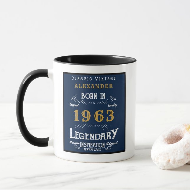60th Birthday Born 1963 Retro Legend Blue Gold Mug (With Donut)