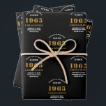 60th Birthday born 1965 Add Name Black Gold Wrapping Paper Sheet<br><div class="desc">A personalised wrapping paper design for that birthday celebration for a special person. Add the name to this vintage retro style black and gold design for a custom birthday gift. Easily edit the name and year with the template provided. A wonderful custom birthday gift. More gifts and party supplies for...</div>