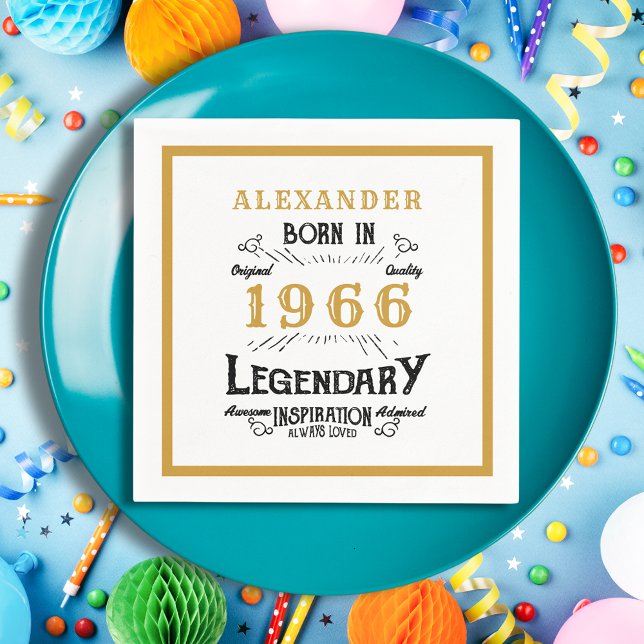 60th Birthday Born 1966 White Gold Legend Napkin (Born in 1966 napkin on a blue plate.)
