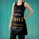 60th Birthday Born 1973 Black Gold Lady's Apron<br><div class="desc">A personalised classic black apron design for that birthday celebration. Add the name to this vintage retro style black, white and gold design for a custom birthday gift. Easily edit the name and year with the template provided. A wonderful custom birthday gift. More gifts and party supplies for that party...</div>
