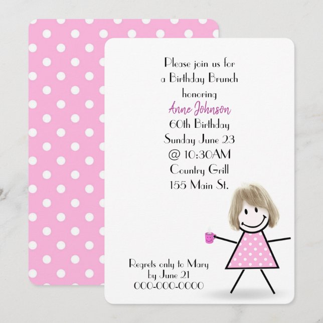 60th Birthday Brunch Stick Girl Invitation (Front/Back)