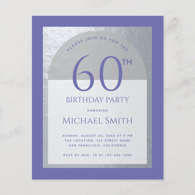 60th Birthday Budget Violet Faux Silver Invitation (Front)