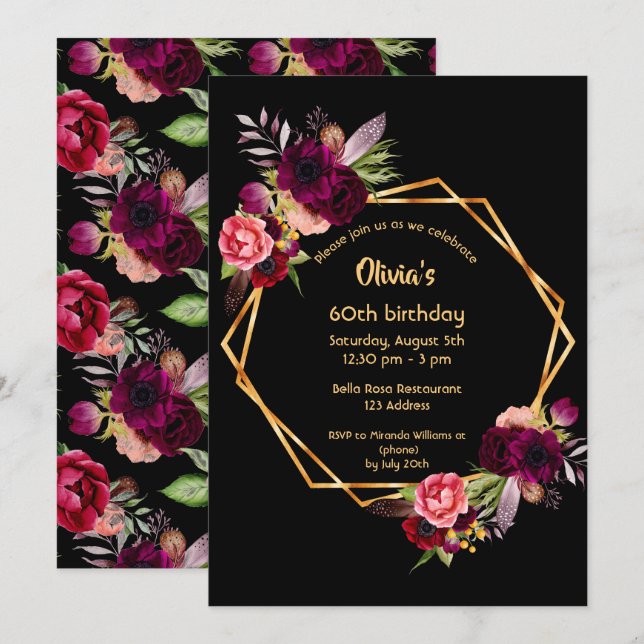 60th birthday burgundy floral gold geometric black invitation (Front/Back)