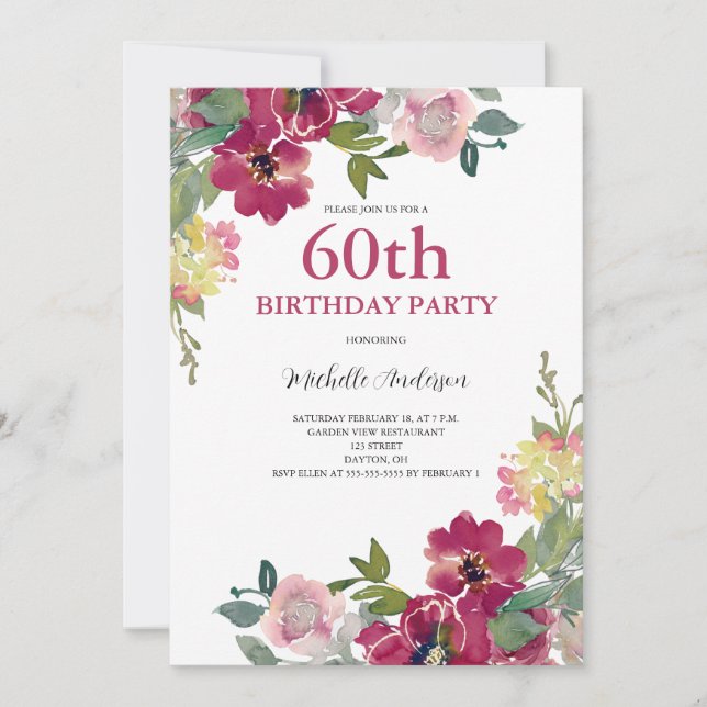 60th Birthday Burgundy Floral Watercolor Invitation (Front)