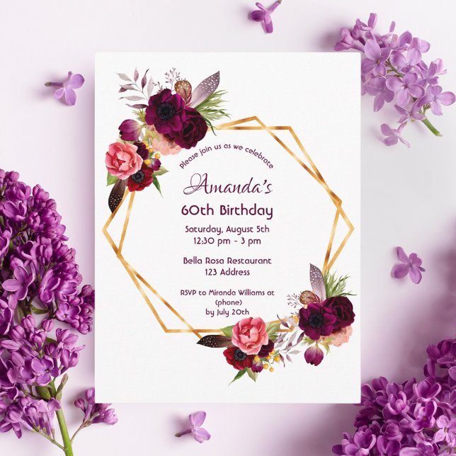 60th birthday burgundy floral white invitation postcard (Creator Uploaded)