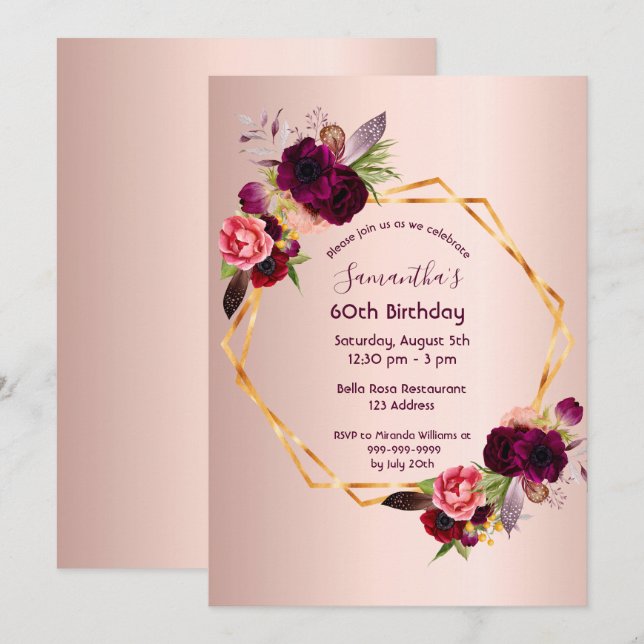 60th birthday burgundy florals rose gold geometric invitation (Front/Back)