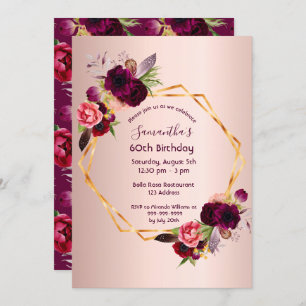 60th birthday burgundy florals rose gold geometric invitation