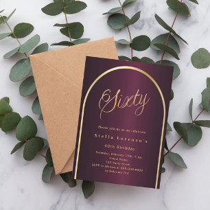 60th birthday burgundy gold arch script elegant invitation