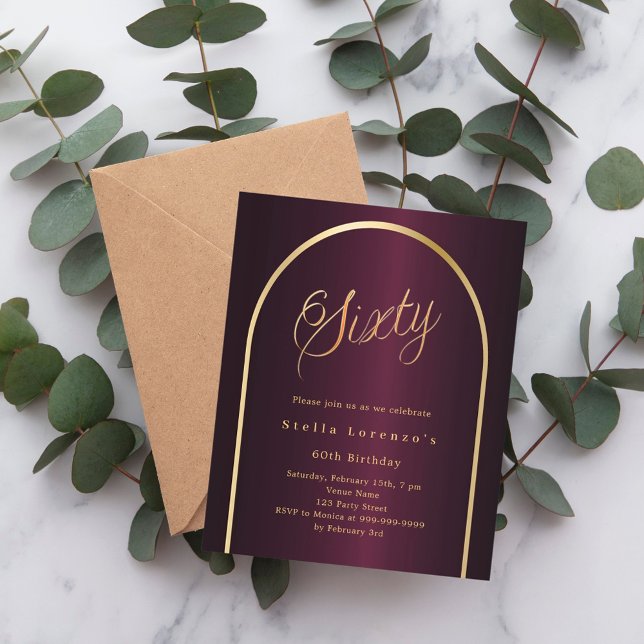 60th birthday burgundy gold arch script invitation (Creator Uploaded)